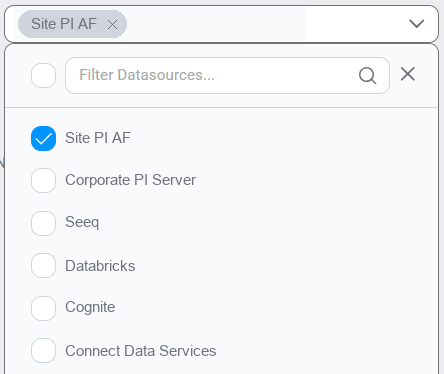 Data source selector above the search bar, opened to show the list of configured sources with one selected