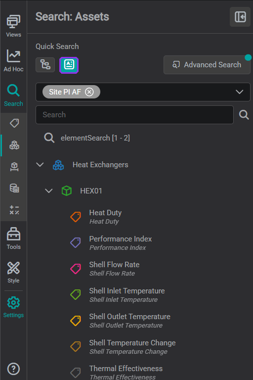 HEX01 expanded under Heat Exchangers with the Load Attributes toggle enabled (highlighted), revealing its attributes — Tube and Shell Inlet/Outlet Temperature, Shell Flow Rate, Heat Duty, and Thermal Effectiveness