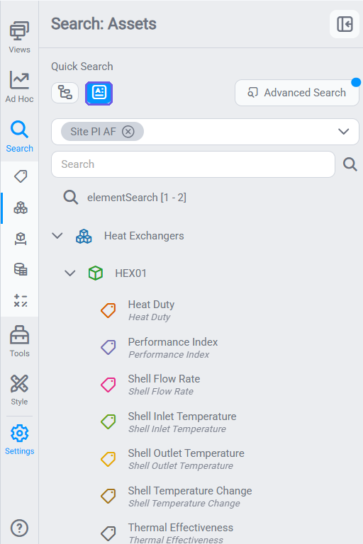 HEX01 expanded under Heat Exchangers with the Load Attributes toggle enabled (highlighted), revealing its attributes — Tube and Shell Inlet/Outlet Temperature, Shell Flow Rate, Heat Duty, and Thermal Effectiveness