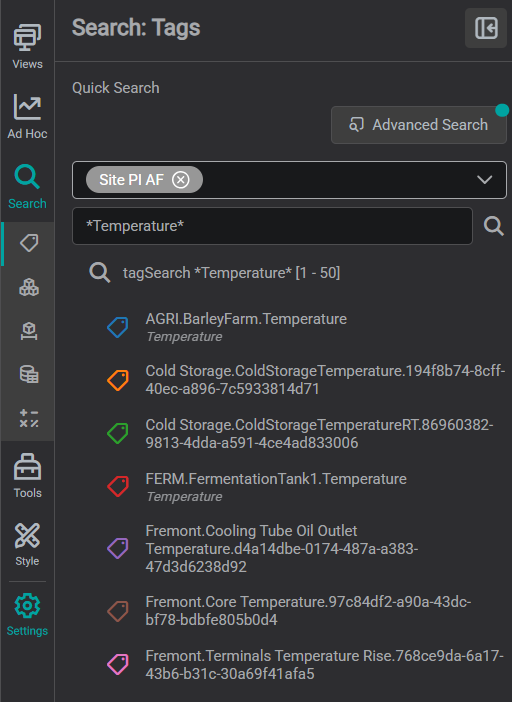 Tags search tab: a wildcard search for Temperature against the Site PI AF data source, with the result count and the matching tag list