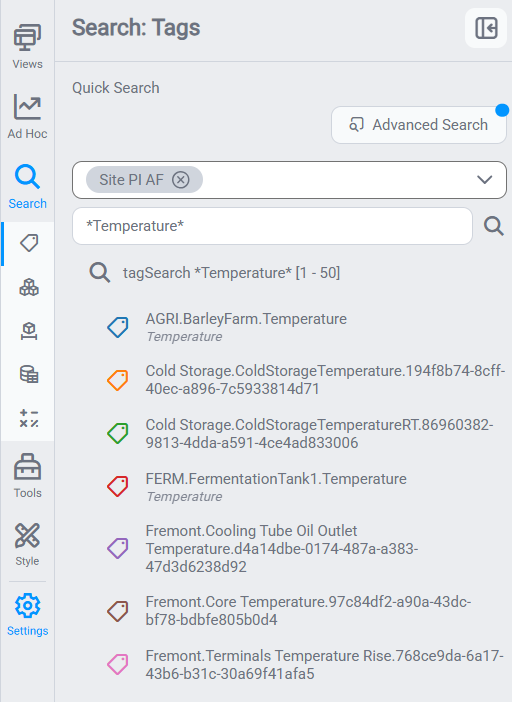 Tags search tab: a wildcard search for Temperature against the Site PI AF data source, with the result count and the matching tag list