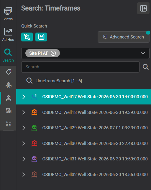 Timeframes tab: PI AF Event Frames — OSIDEMO Well State pump events, each with its start timestamp, from the Site PI AF data source