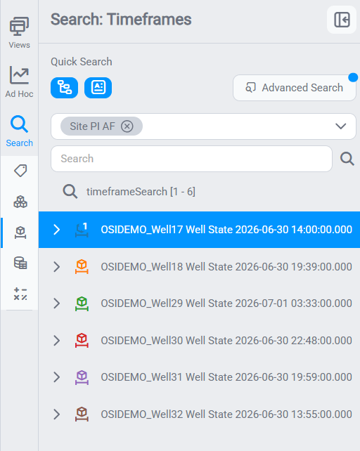 Timeframes tab: PI AF Event Frames — OSIDEMO Well State pump events, each with its start timestamp, from the Site PI AF data source
