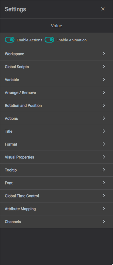Settings panel open on a selected Value component showing all configuration sections