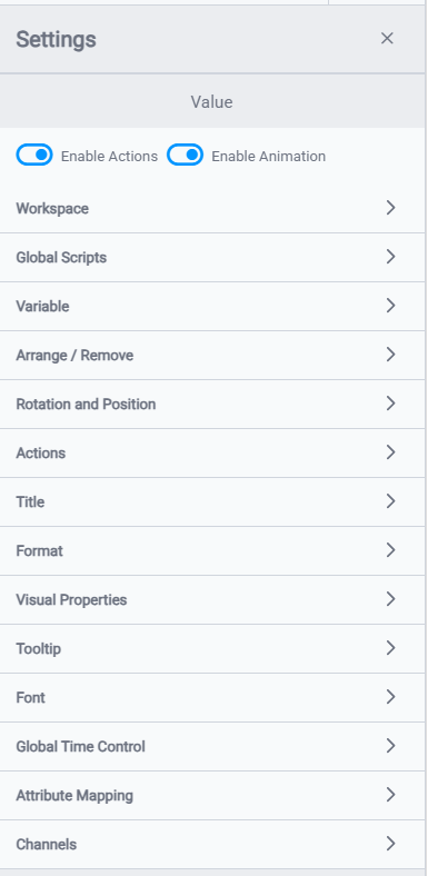 Settings panel open on a selected Value component showing all configuration sections