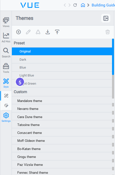 Style panel open on the Themes tab showing preset themes and custom theme list