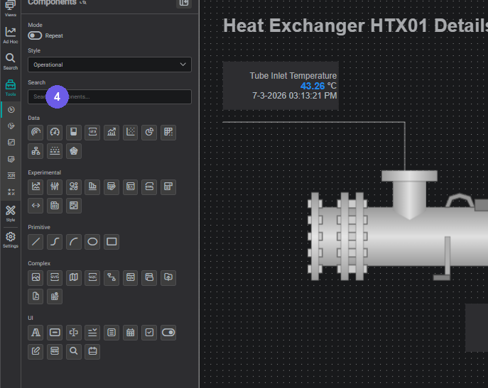 Tools panel open on the Components tab showing the component groups and style selector
