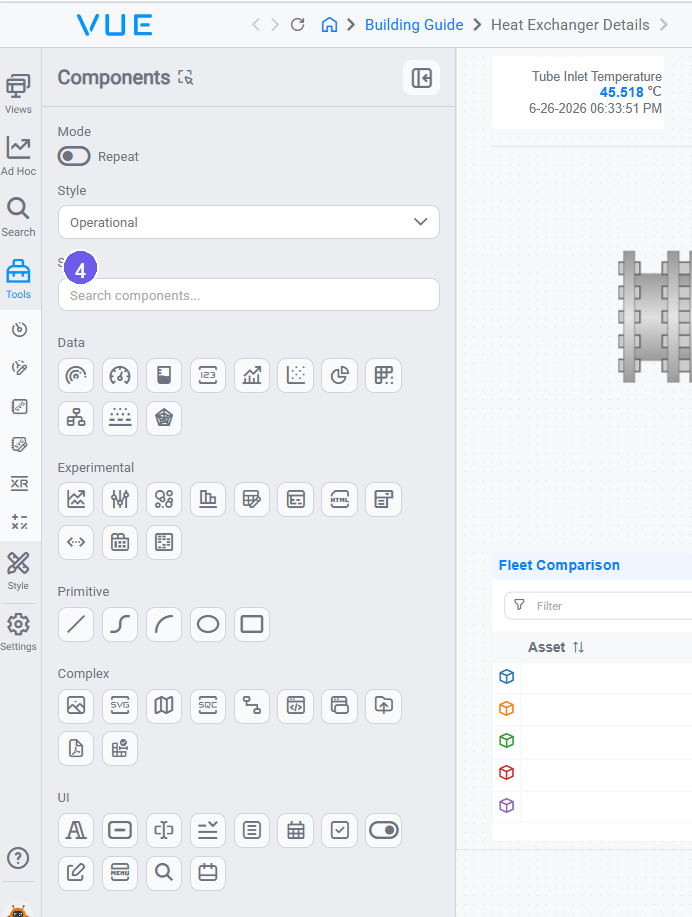 Tools panel open on the Components tab showing the component groups and style selector