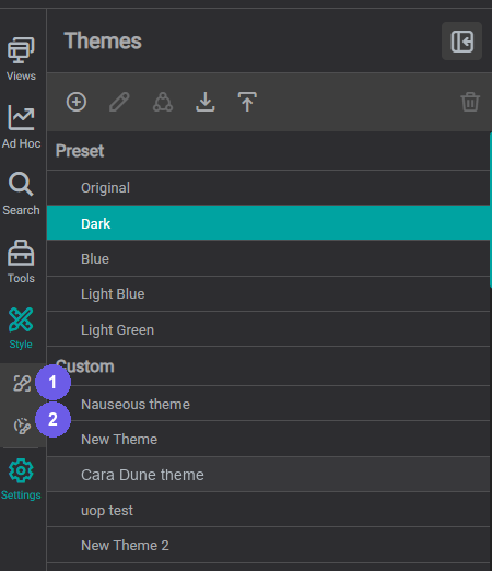 Style panel showing the Themes tab with the Preset and Custom theme lists, and the Component Styles tab below it in the sidebar