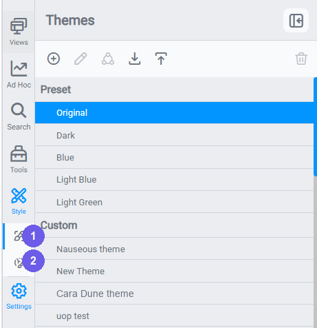 Style panel showing the Themes tab with the Preset and Custom theme lists, and the Component Styles tab below it in the sidebar