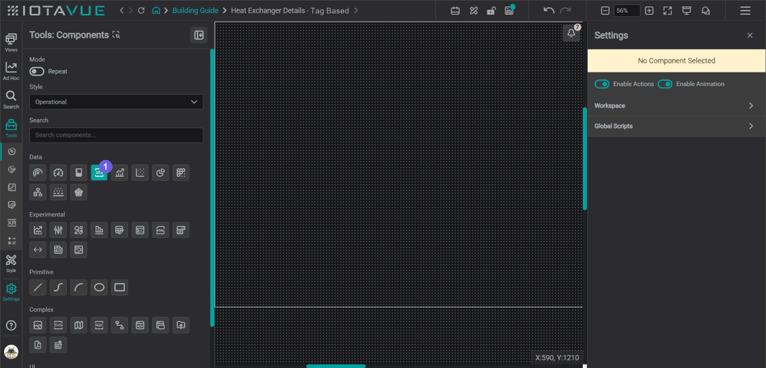 Placing a Value component from the Data section of the Components toolbox, opening Search, typing Tube Inlet Temperature, and dragging the result onto the component
