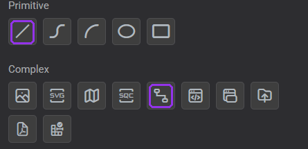 The Line component in the Primitive group and the Connector component in the Complex group of the Components toolbox, both highlighted