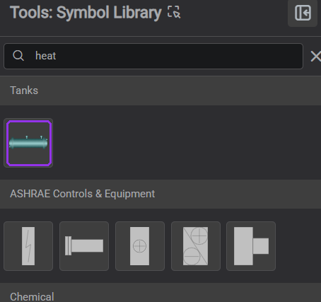 The Symbol Library tab searched for "heat" — the highlighted Tanks symbol is the shell-and-tube heat exchanger used in this display, shown alongside ASHRAE and Chemical process graphics