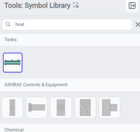 The Symbol Library tab searched for "heat" — the highlighted Tanks symbol is the shell-and-tube heat exchanger used in this display, shown alongside ASHRAE and Chemical process graphics