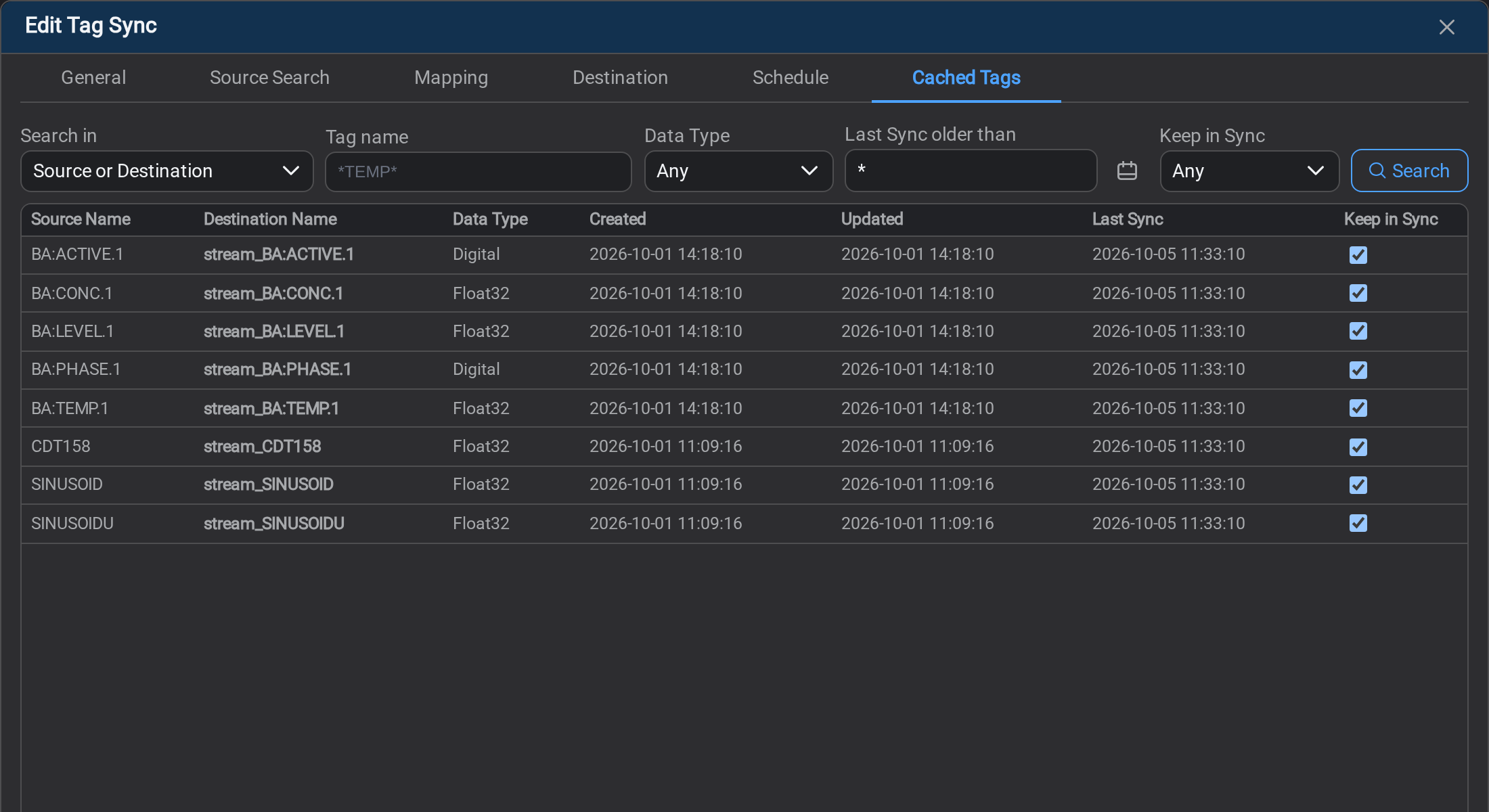 The Cached Tags tab of a Tag Sync