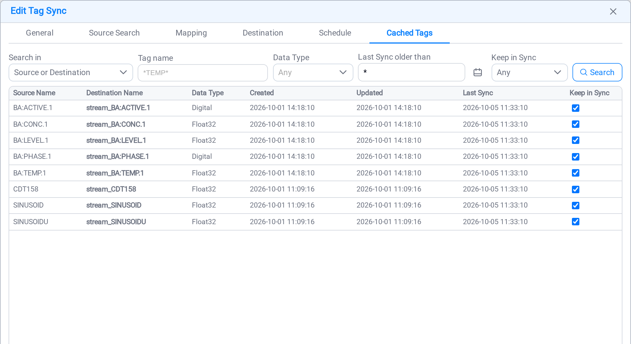 The Cached Tags tab of a Tag Sync