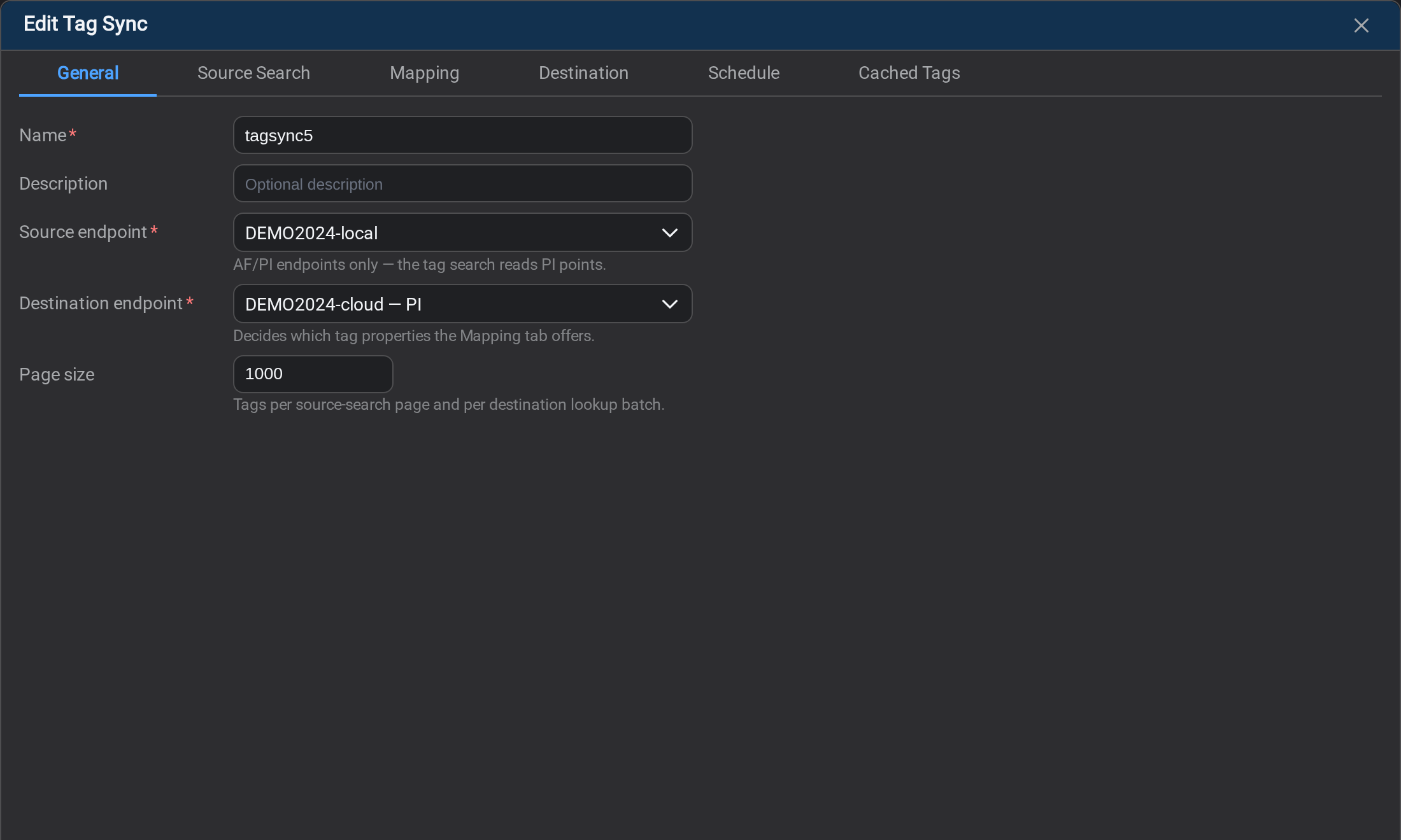 The General tab of the Tag Sync dialog