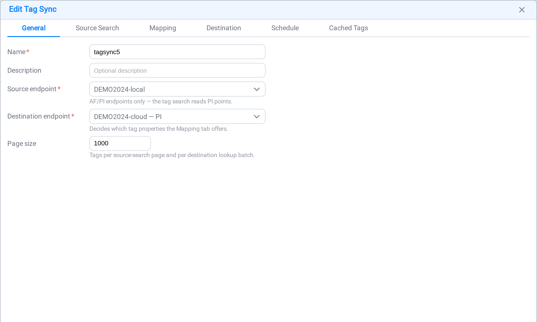 The General tab of the Tag Sync dialog