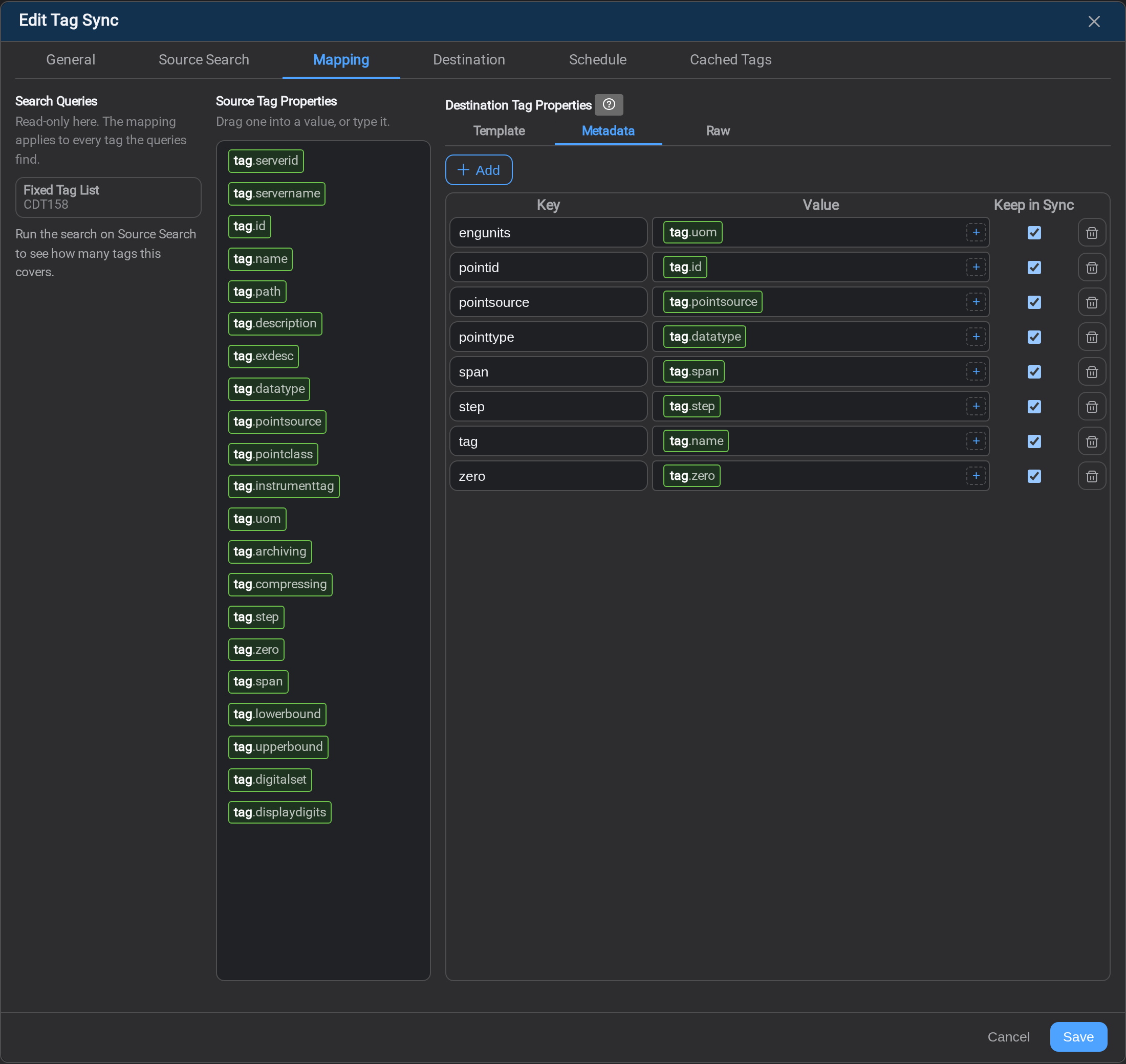 The Metadata view of a CDS mapping