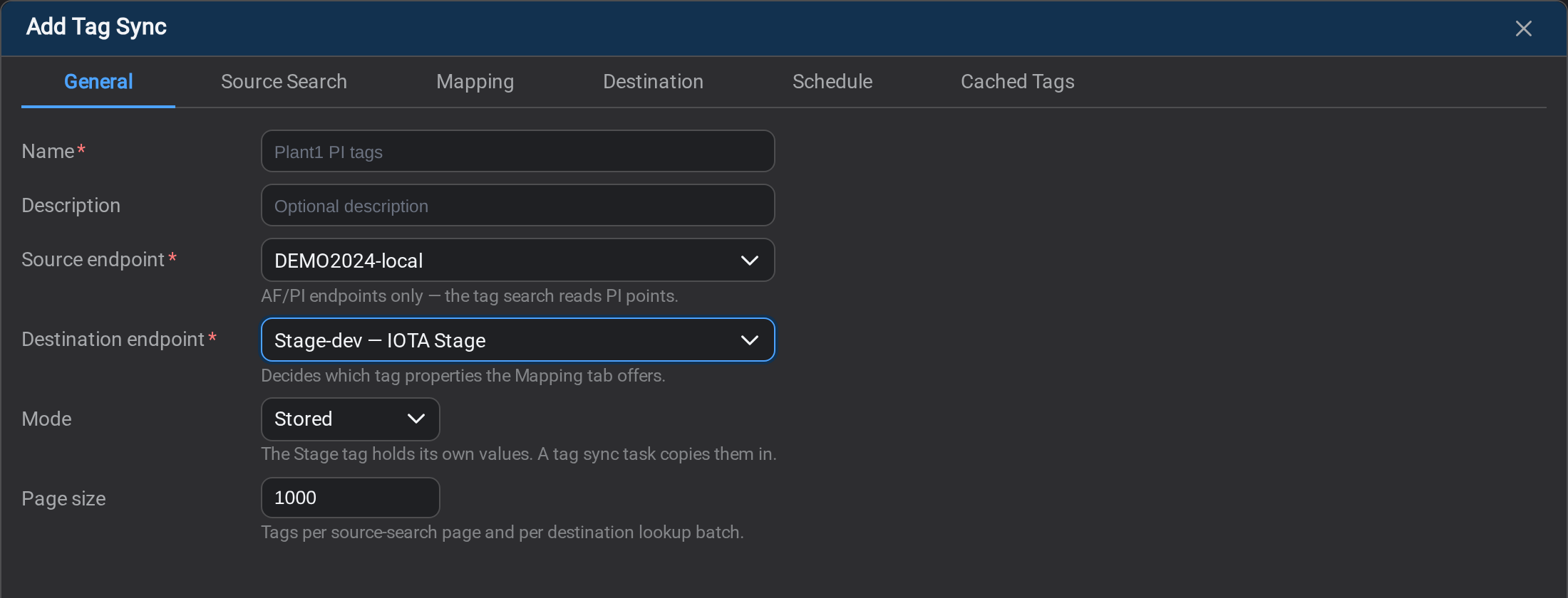 The Mode picker on a Stage tag sync