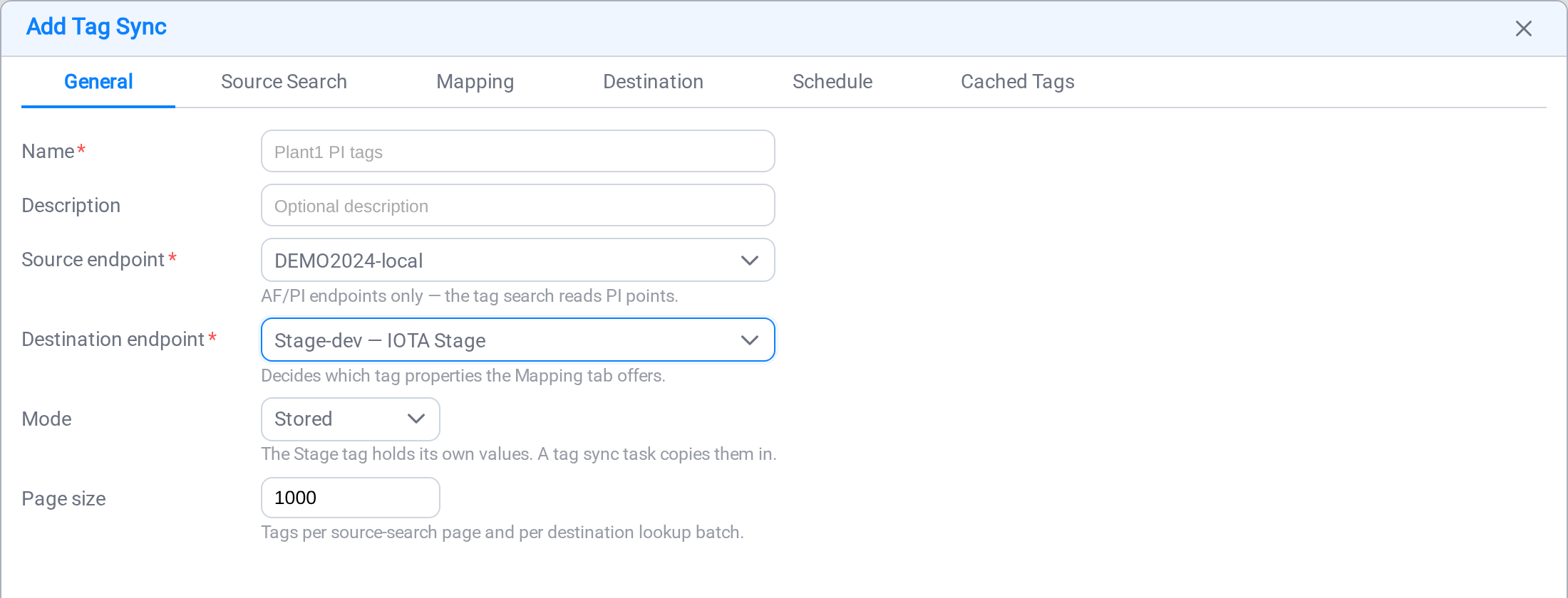 The Mode picker on a Stage tag sync