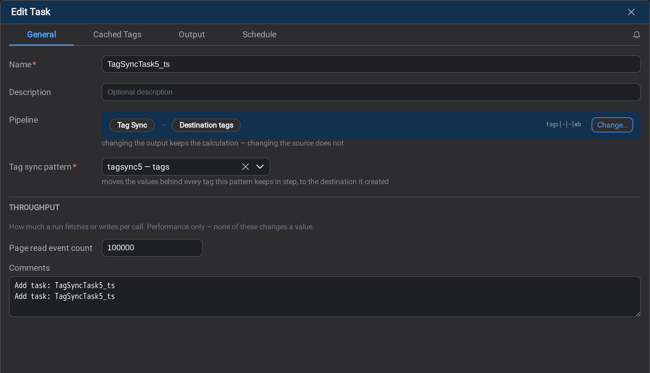 The General tab of a tag sync task