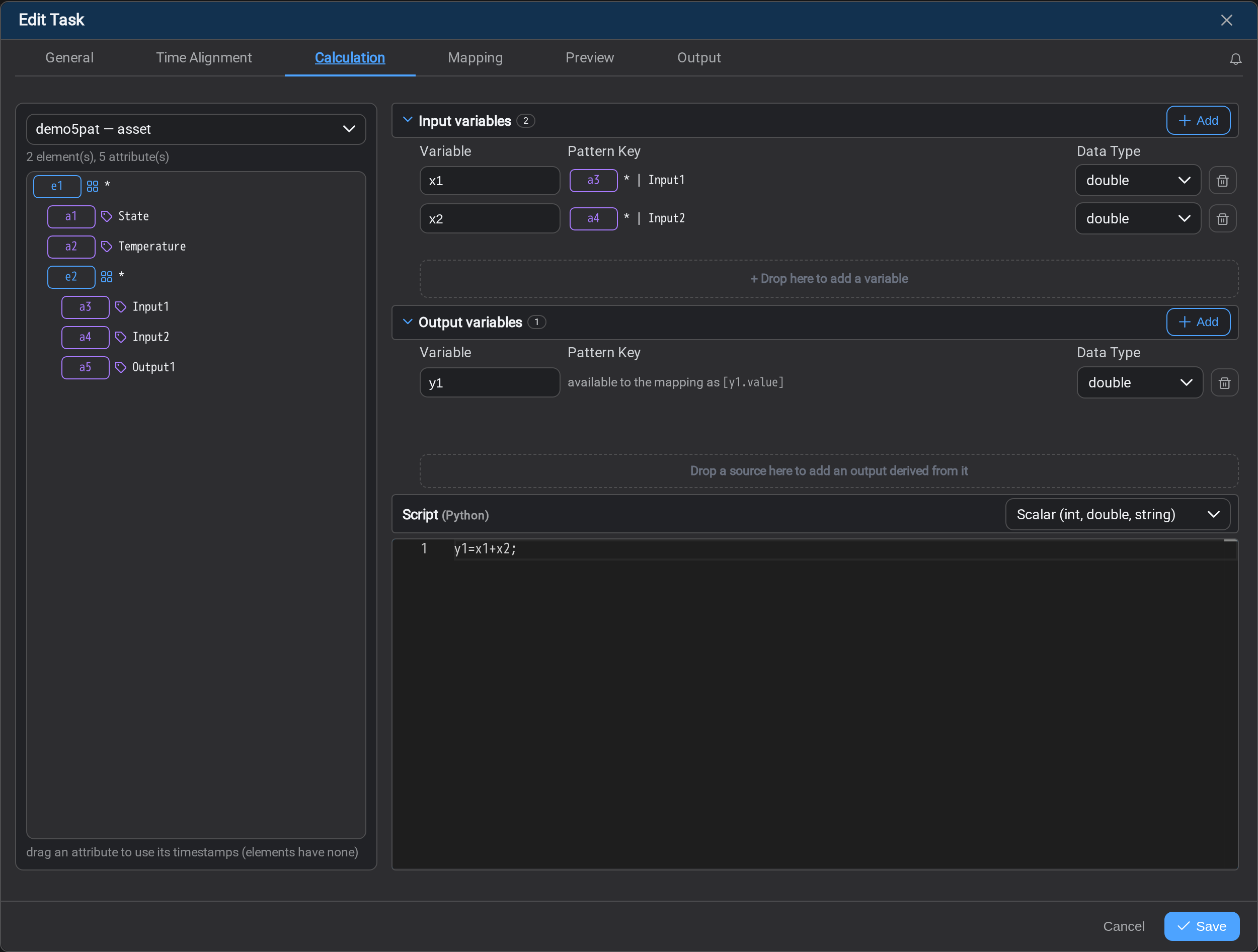 The Calculation tab: inputs, outputs and the script