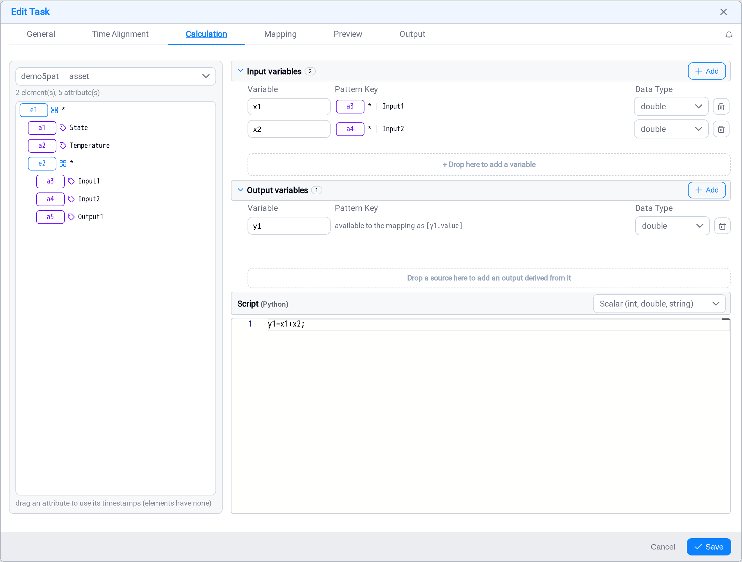 The Calculation tab: inputs, outputs and the script
