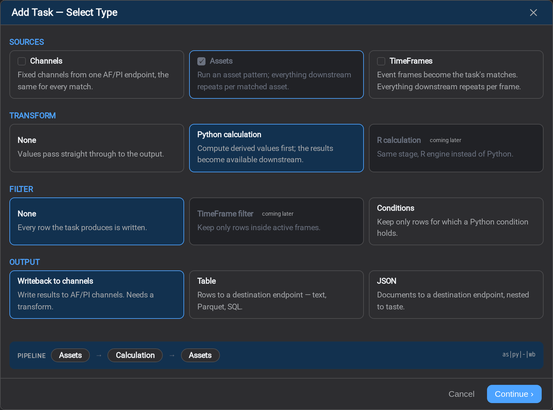 Composing the task: source, transform and output
