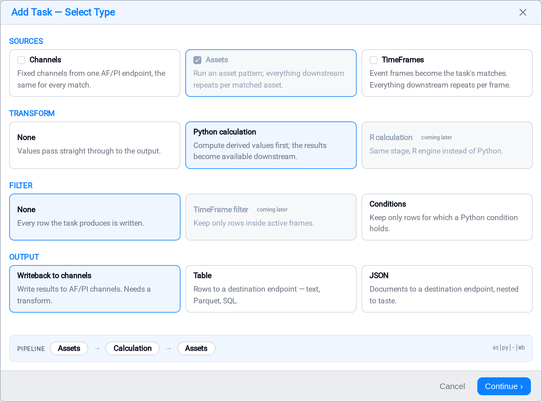 Composing the task: source, transform and output