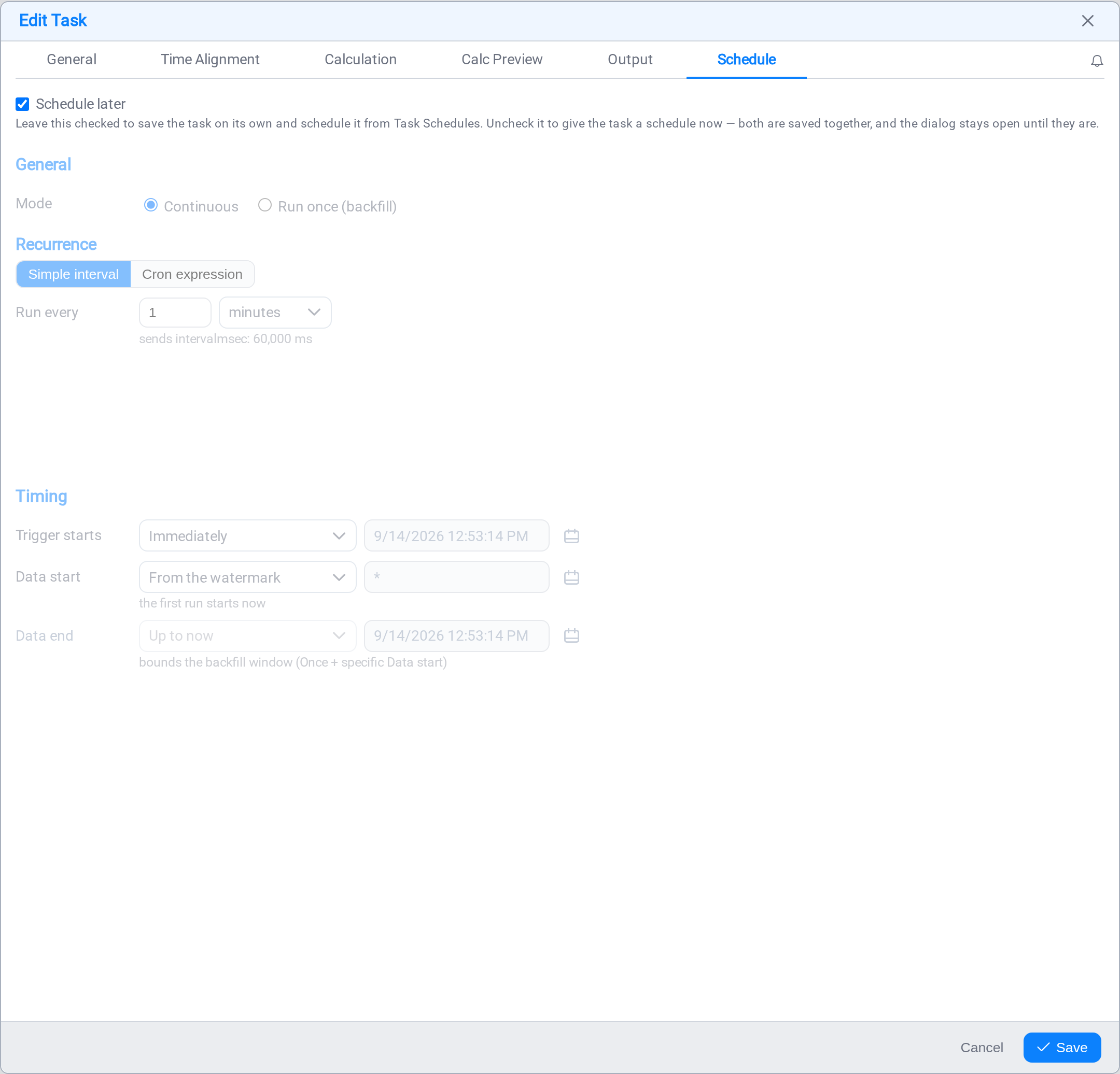 The Schedule tab, with Schedule later still checked