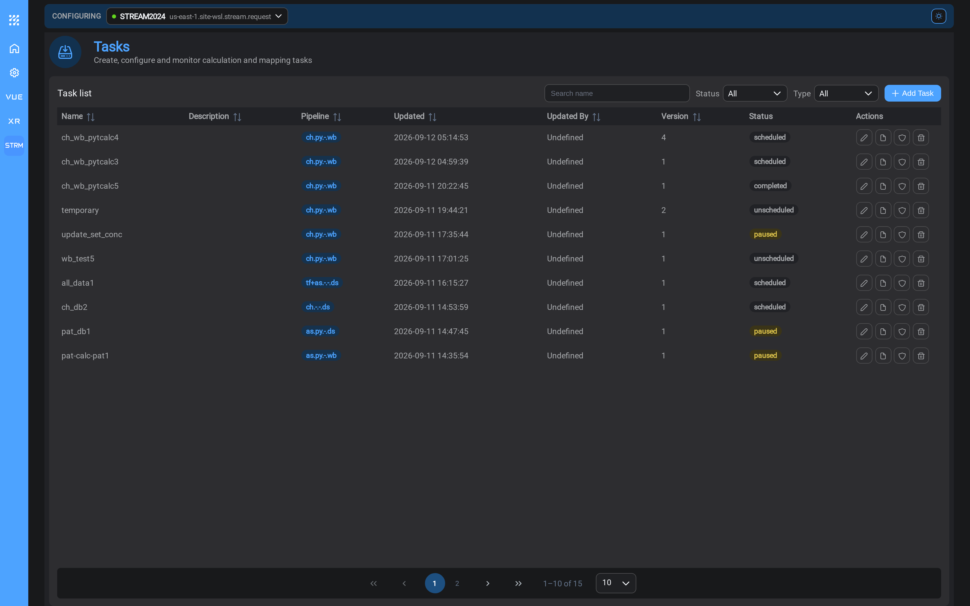 The task list, with the run control in Actions