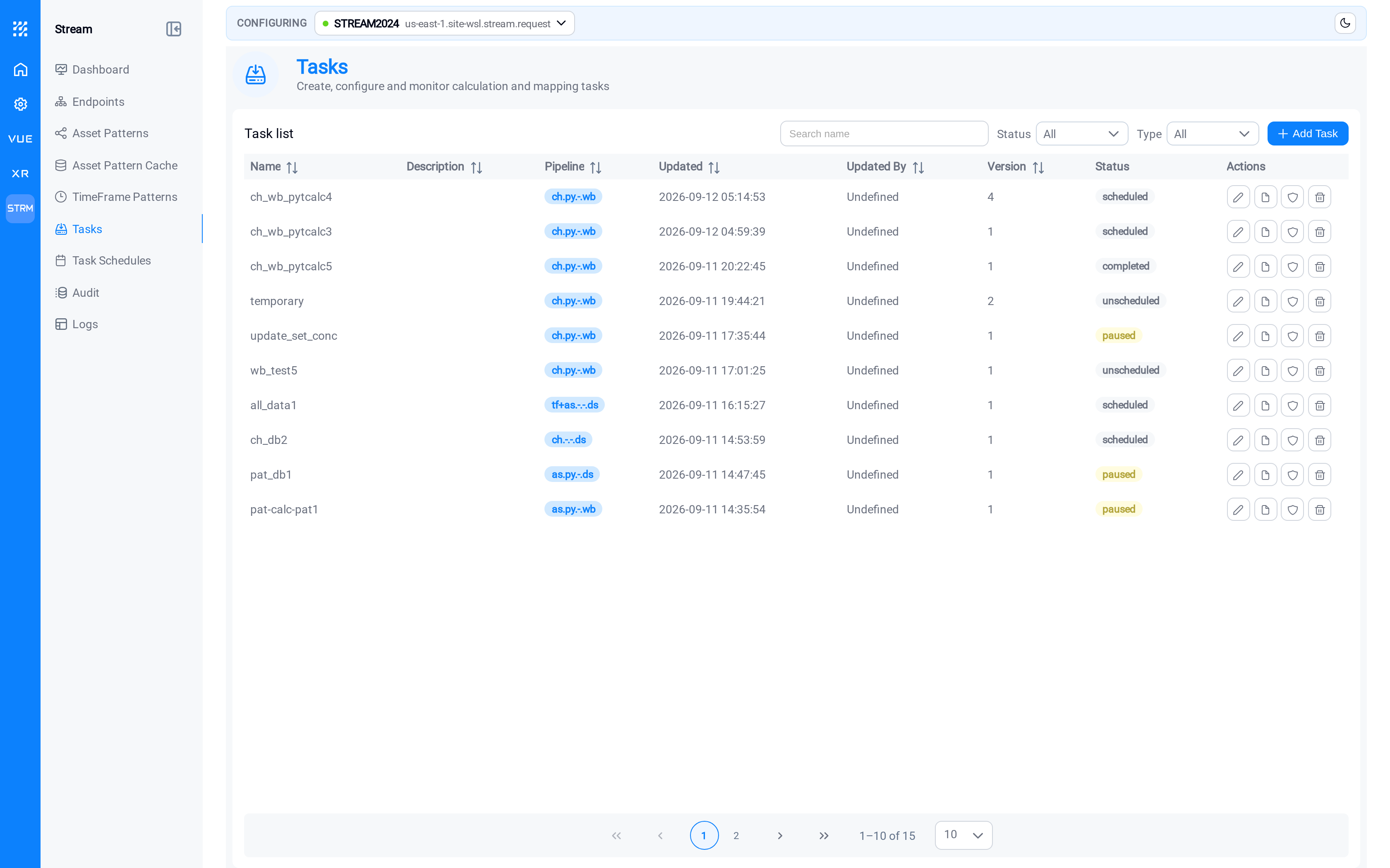 The task list, with the run control in Actions
