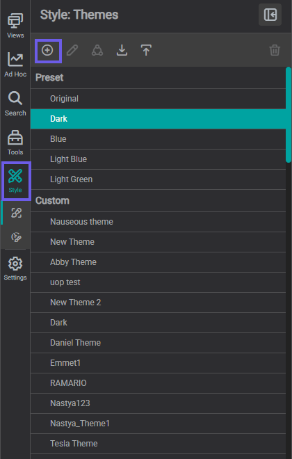 Themes tab with the add theme button highlighted