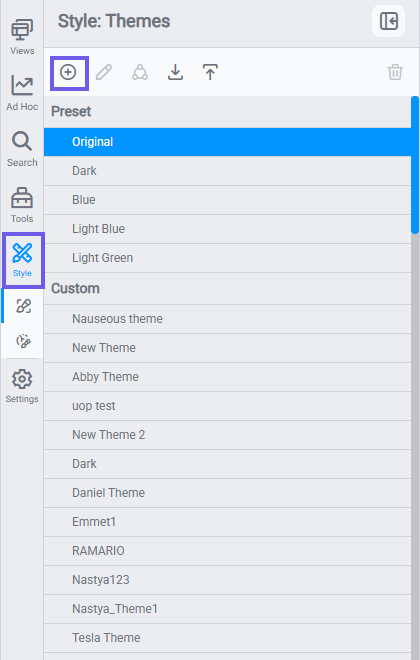 Themes tab with the add theme button highlighted