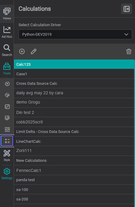 Calculations panel showing the saved calculation list and driver selector