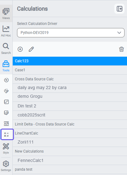 Calculations panel showing the saved calculation list and driver selector
