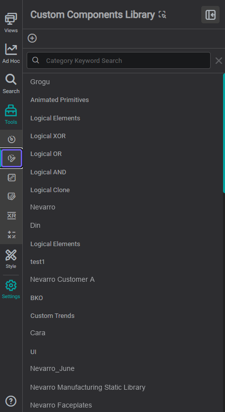 Custom Components Library panel showing saved custom component libraries