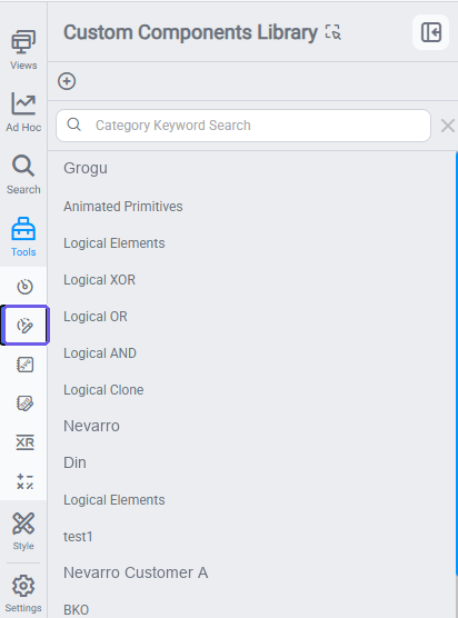 Custom Components Library panel showing saved custom component libraries