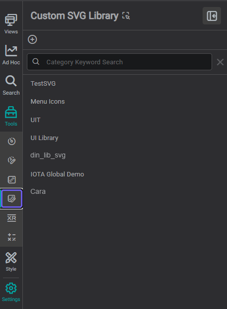 Custom SVG Library panel showing saved custom SVG symbol libraries