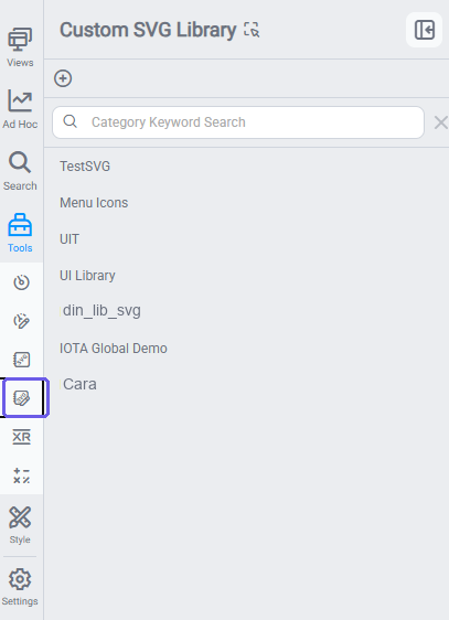 Custom SVG Library panel showing saved custom SVG symbol libraries