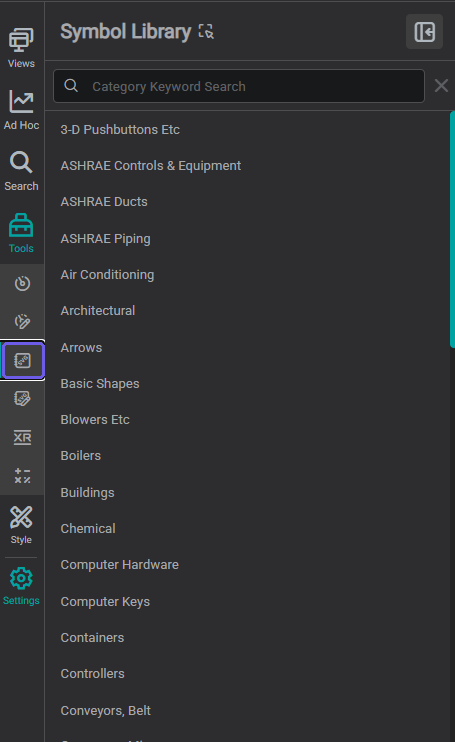Symbol Library panel showing the searchable category list