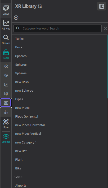 XR Library panel showing the saved 3D model category list