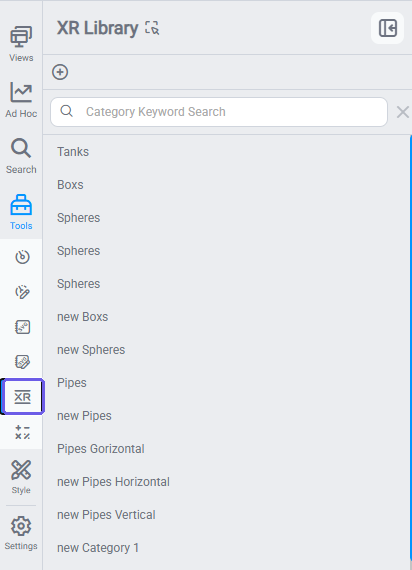 XR Library panel showing the saved 3D model category list