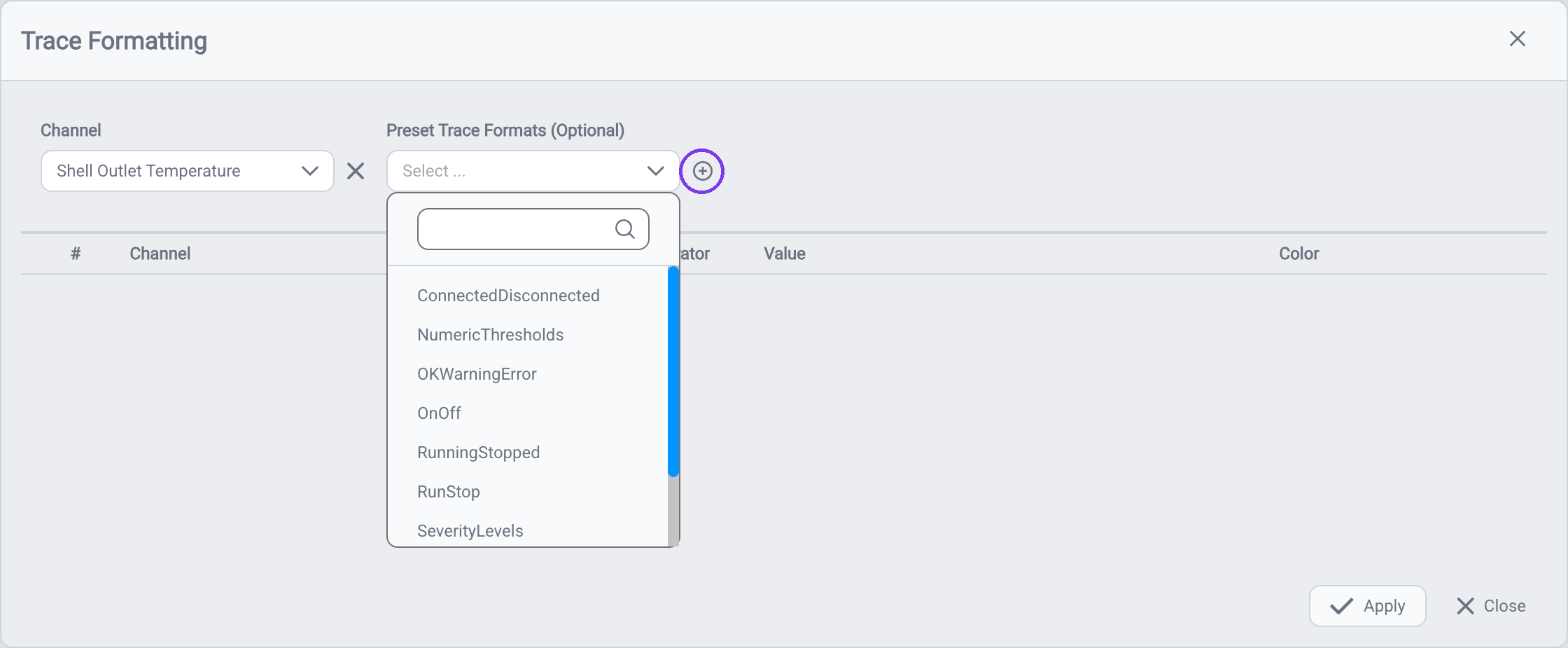 Trace Formatting — choose a Channel, optionally pick a Preset, then click + to add a condition